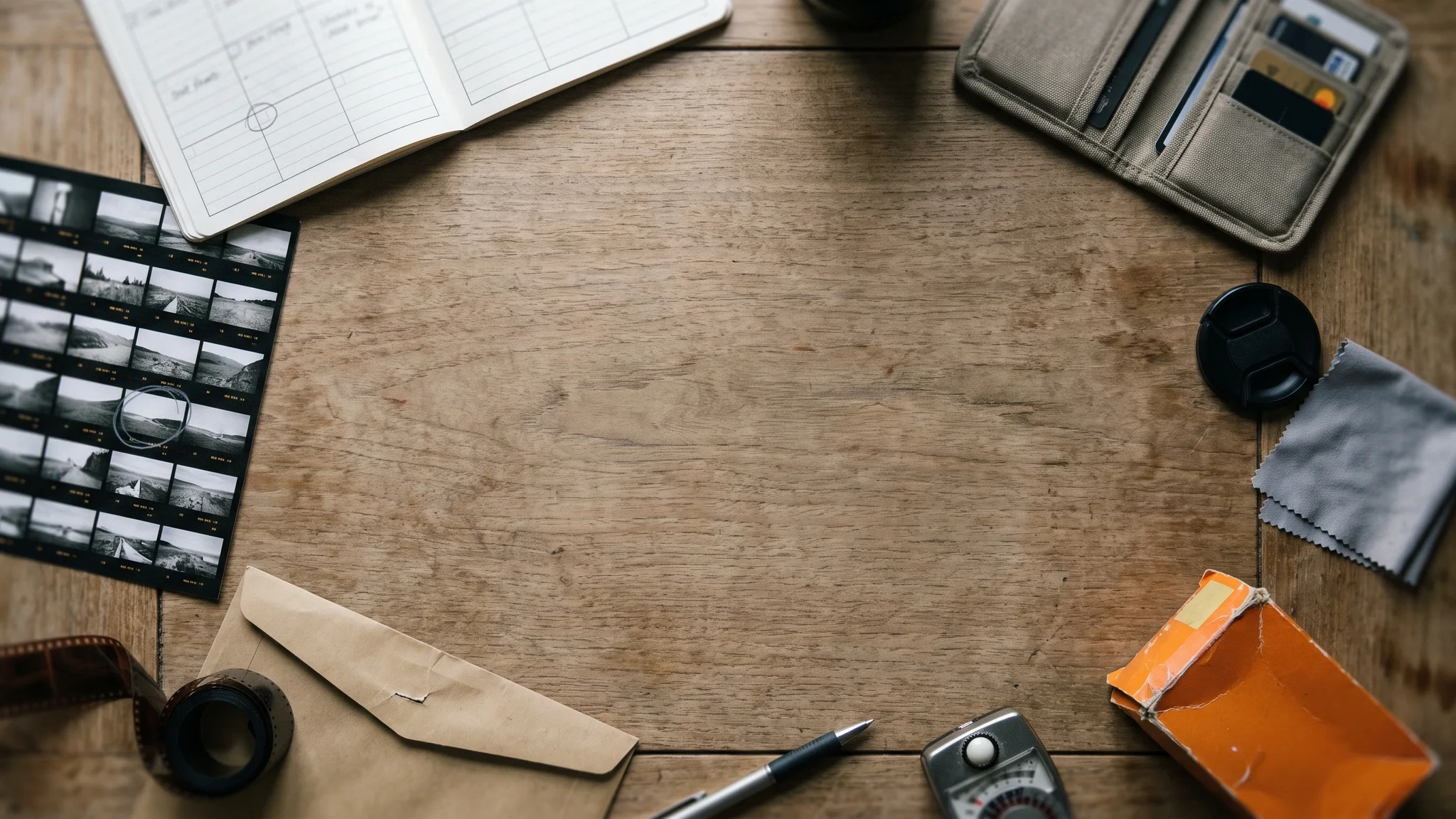 A paper shoot planner on a wooden table, beside a contact sheet of small landscape frames, a lens cap and cloth, an open memory-card wallet, a booking form, a light meter and an orange film box.